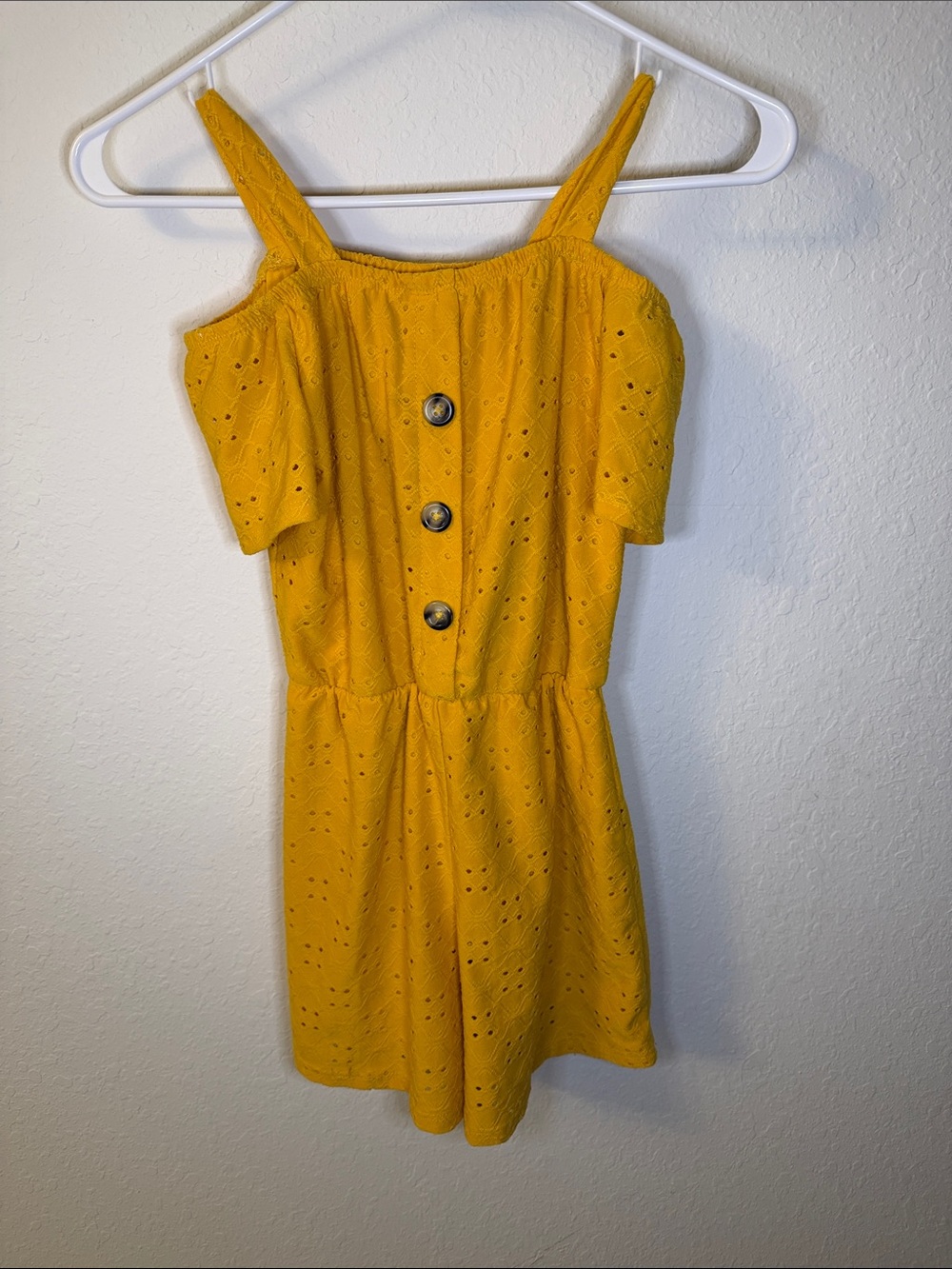 Girls Yellow Eyelet Button-Front One-Piece Romper
